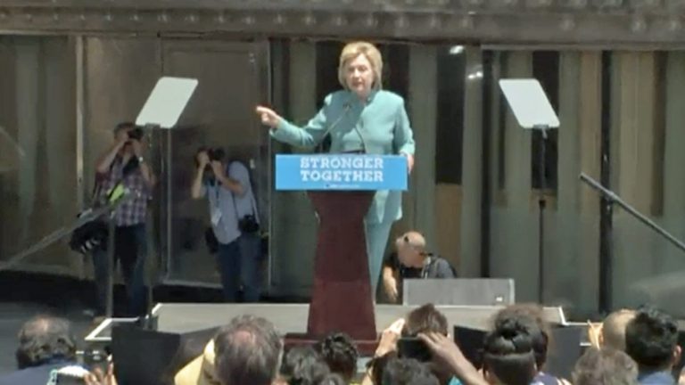 Hillary Clinton speaking in front of a closed Trump Plaza casino. (Screenshot from APP.COM stream)