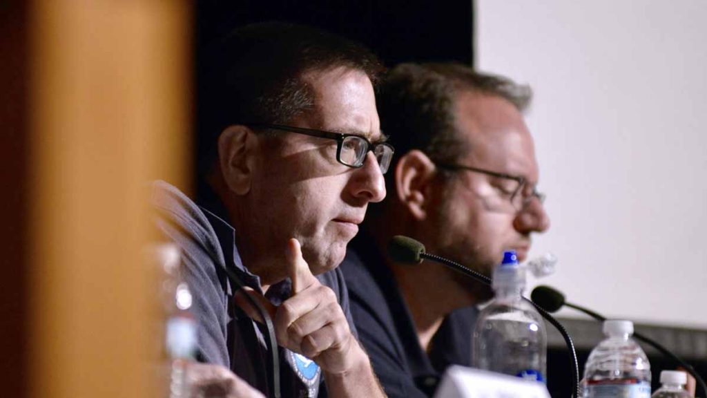 20160915_weather_forum_bs1179__3827 Joe Miketta with the National Weather Service (left) and Jonathan Carr of WeatherNJ (right) at the Severe Weather Conference. (Bas Slabbers/for NewsWorks)