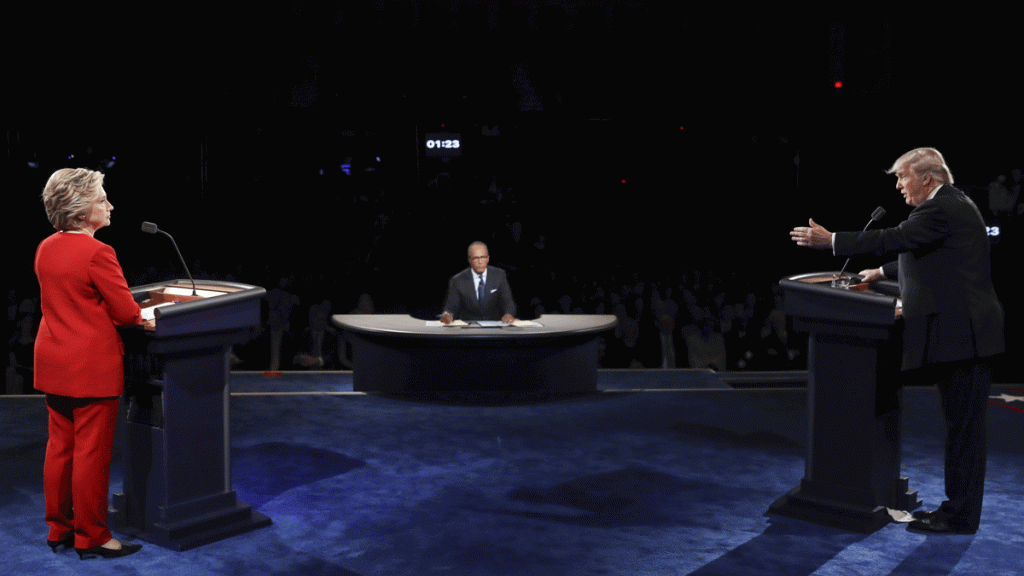 20160926-fact-check-debate Republican presidential nominee Donald Trump points toward Democratic presidential nominee Hillary Clinton during the presidential debate at Hofstra University in Hempstead