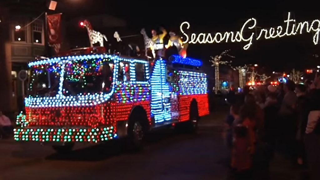 Lit up fire engine at the 2015 Collingswood Parade of Lights. (Screen capture from homer218 YouTube video)