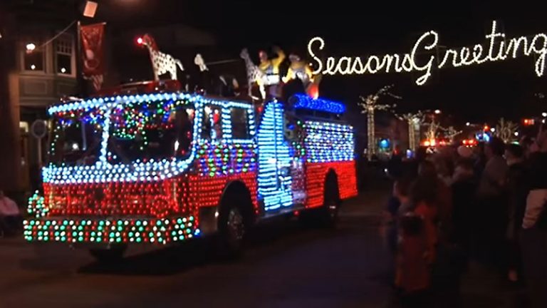 Lit up fire engine at the 2015 Collingswood Parade of Lights. (Screen capture from homer218 YouTube video)