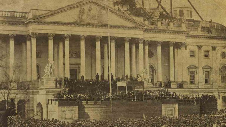 This rare photograph shows Abraham Lincoln taking the oath of office on March 4
