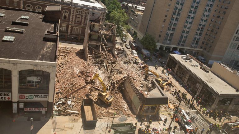Much of the block is shown where a building undergoing demolition collapsed on a Salvation Army thrift store on Wednesday morning. (Lindsay Lazarski/WHYY
