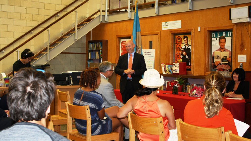 Delaware Gov. Jack Markell talks about the expansion of wellness centers to all high schools in the state at the Conrad School of Science. (Delaware Department of Health and Social Services)