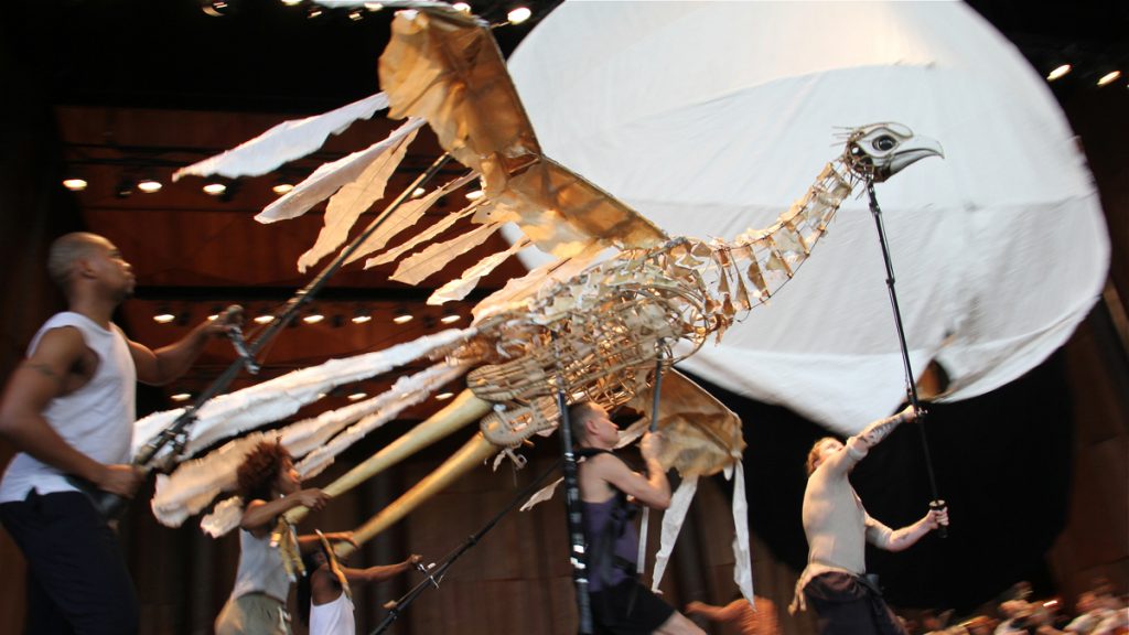 2firebird lead Controlled by five dancers, a Firebird puppet soars across the stage at the Mann Center during a rehearsal. (Emma Lee/WHYY)