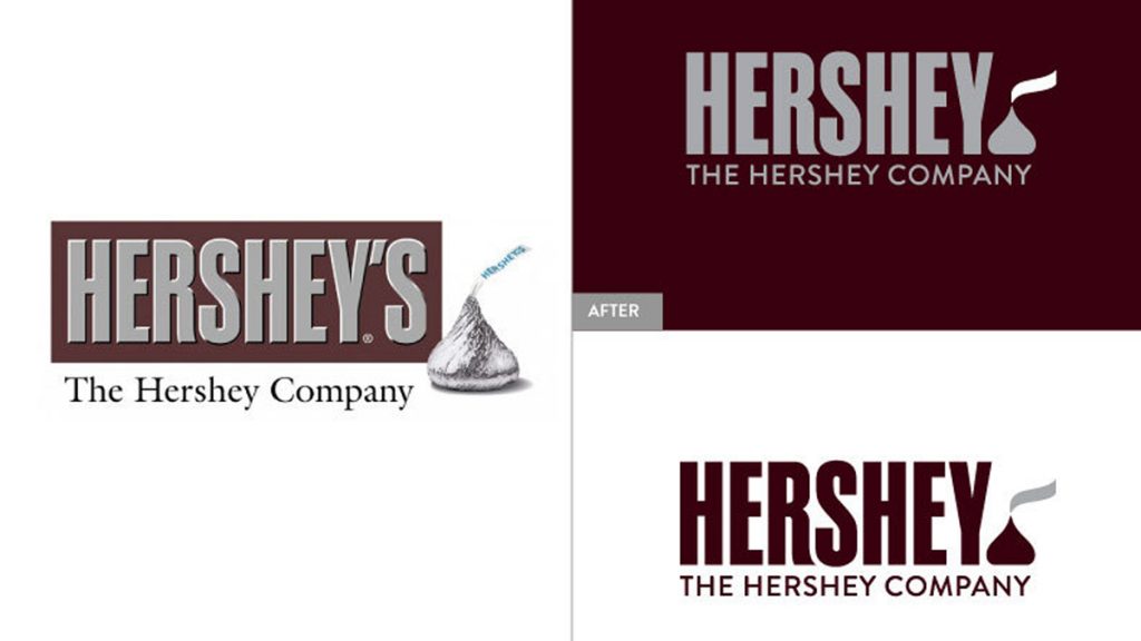  This image provided by The Hershey Company shows the company's old and new corporate logos. On Friday, Aug. 29, 2014, the candy maker announced a new design, which adds a Kisses chocolate at the end of the company’s name. (The Hershey Company/AP Photo) 