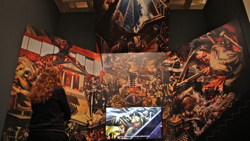 2leadbourgeoisie ''Portrait of the Bourgeoisie'' by David Alfaro Siqueiros occupies a stairwell at the Mexican Electricians' Syndicate in Mexico City. It was recreated at the Philadelphia Museum of Art for the exhibit. (Emma Lee/WHYY)
