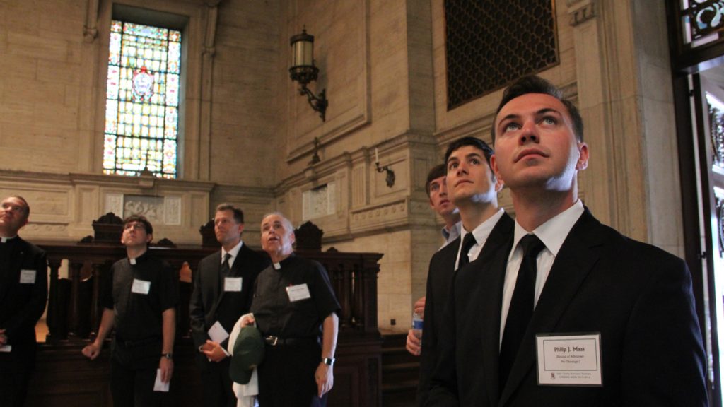 5 lead st. charles borromeo seminary New seminarians, including (from right) Philip Maas and Giuseppe Esposito, take in the Chapel of St. Martin of Tours during a tour of St. Charles Borromeo campus. (Emma Lee/WHYY)