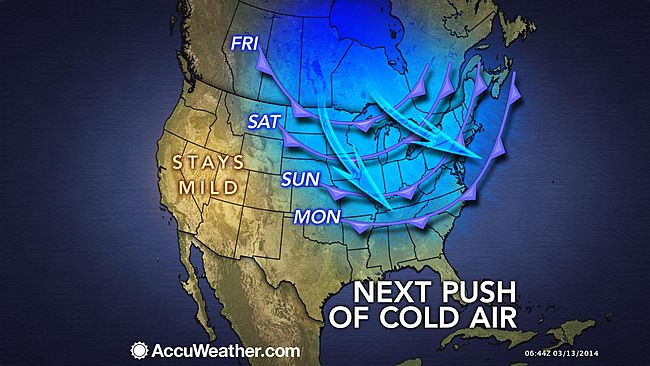  A graphic issued by AccuWeather.com shows cold air arriving in the New Jersey region Sunday.  