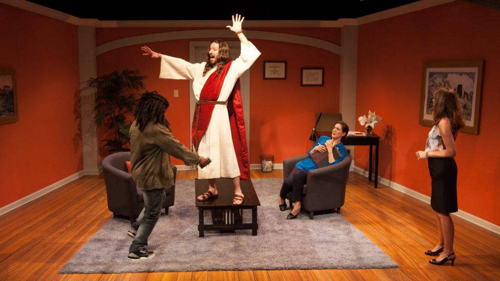 675-122 In InterAct Theatre Company's production of 'The Three Christs of Manhattan,' from left: Akeem Davis, Dan Hodge, Leah Walton and Judith Lightfoot Clarke.