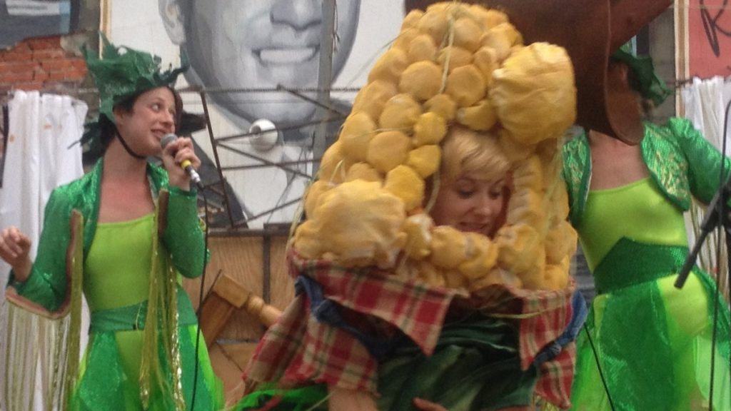 675-130 Mary Tuomanen as an ear of corn and to her left, Kristen Bailey, in the Bearded Ladies Cabaret production of 'Bitter Homes & Gardens.' (Photo courtesy of Howard Shapiro)