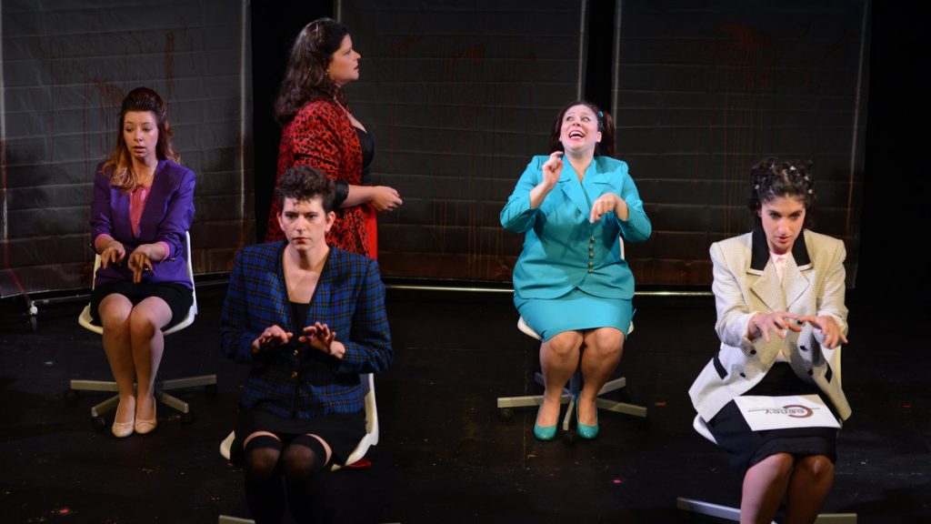 675-142 The cast of Quince Productions' 'The Secretaries,' part of 'GayFest!' (From left), Jennifer MacMillan, Amber Orion, Sarah Schol (in background), Katherine Perry and Emily Schuman. (Photo courtesy of John Donges)