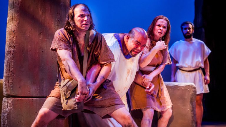  In Commonwealth Classic Theatre Company's 'Rage of Achilles,' from left: Adam Altman as a spy,  Brian Anthony Wilson as Priam, Charlotte Northeast as a spy and Eric Scotolati as a herald. (Photo courtesy of Rebecca Gudelunas/Wide Eyed Studios) 