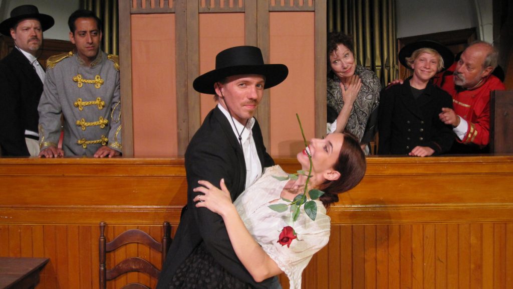 675-25 Jed Peterson as Zorro and Elisa Pupko (both center) with (from left) Mark Edward Lang, James Rana, Suzanne Dawson, Evan Smilyk, and Mark Lazar behind, in East Lynne Theater Company's production of 'Zorro!' (Photo courtesy of Gayle Stahlhuth)