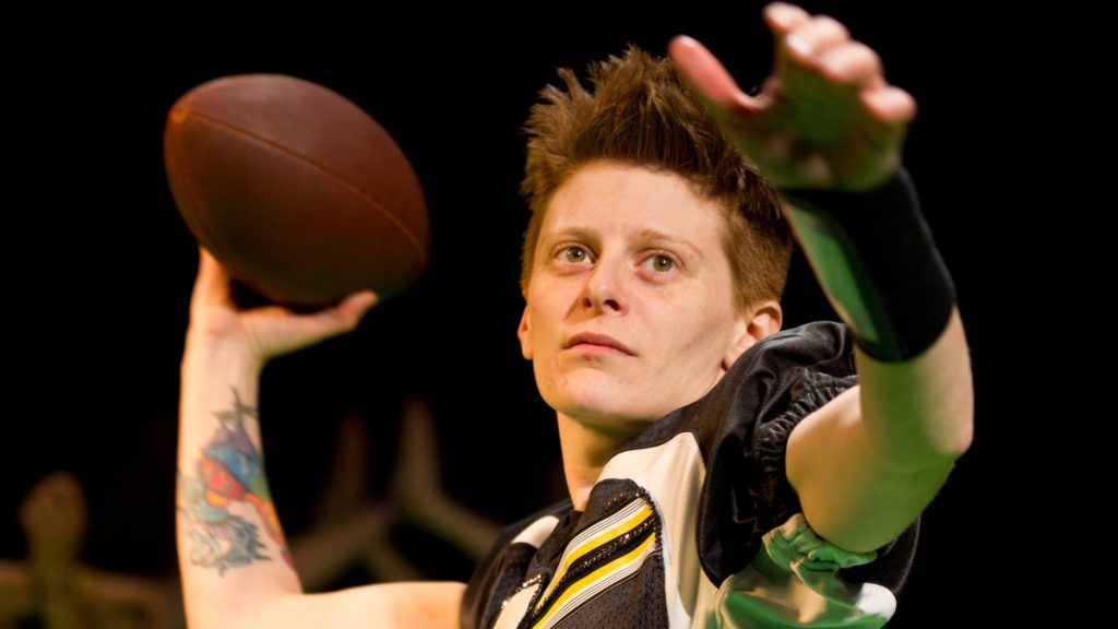675-45 Jess Barbagallo as the quarterback in 'In the Pony Palace/FOOTBALL' from Half Straddle, and part of the Philly Fringe Festival. (Photo courtesy of Shameel Arafin)