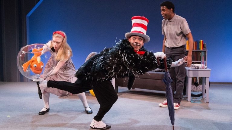  A somewhat crotchety fish, Maggie Johnson, Doug Hara (as the Cat) and Richard Crandle in Arden Theatre Company’s production of 'The Cat in the Hat' by Dr. Seuss. (Photo courtesy of Mark Garvin) 