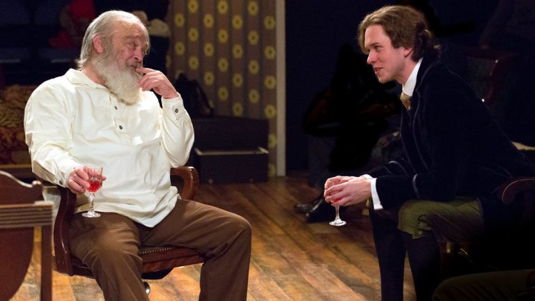  Buck Schirner (left) as Walt Whitman and Daniel Fredrick as Oscar Wilde in Walnut Street Theatre's production of 'Mickle Street.'   