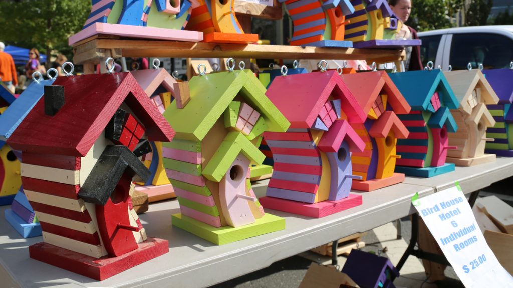 9-1 Crooked birdhouses are a part of a unique display by Peppen Wood Products (Natavan Werbock/for NewsWorks)