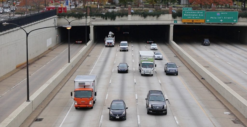 95_northbound1200 Trucks and cars move northbound on Interstate 95 in Philadelphia. (Lindsay Lazarski/WHYY)