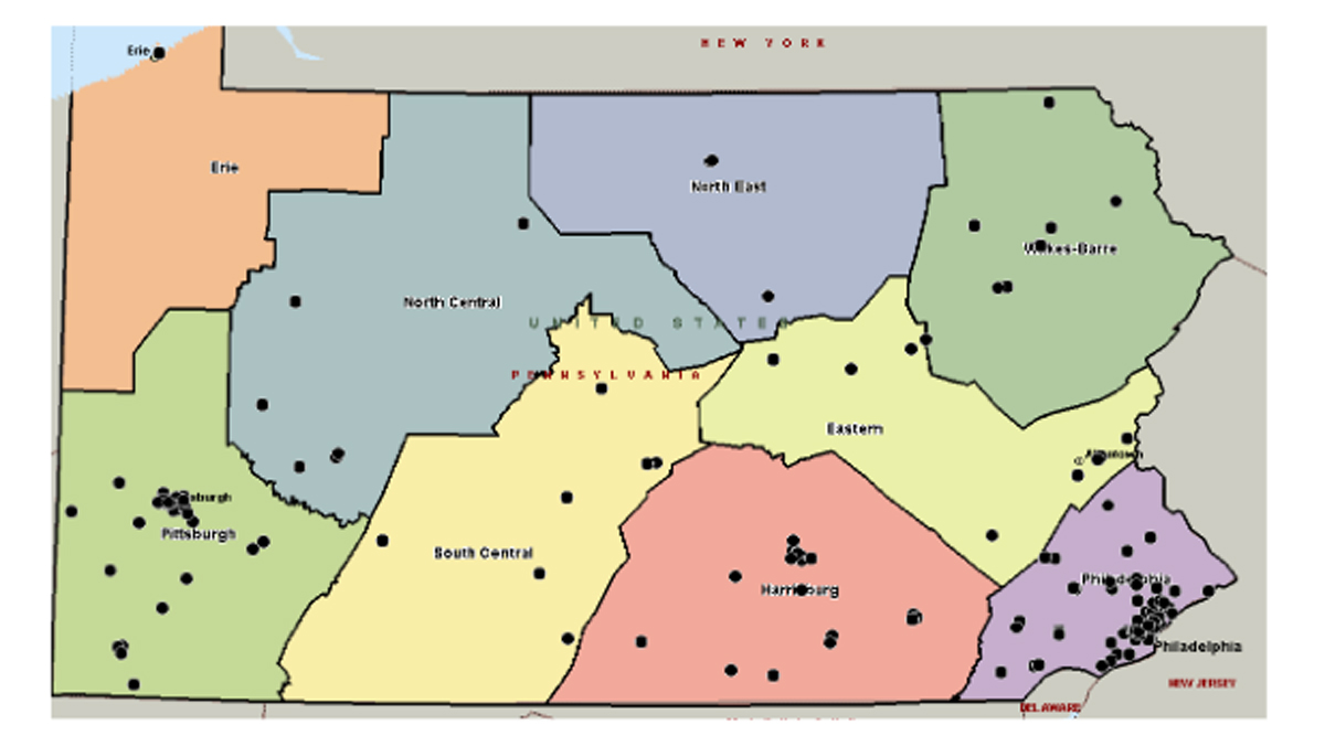  Distribution of Affordable Care Act Navigational Assistance Providers in Pennsylvania as of November 19, 2013. (Image courtesy of 2014 Fels Institute of Government - Beyond the Website: a study of the early implementation of the Affordable Care Act in Pennsylvania)   