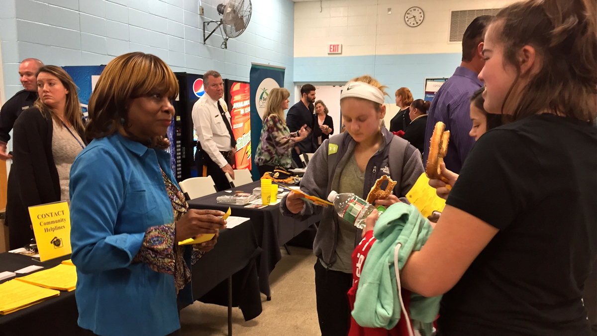  Groups hand out information during Camden County's second addiction summit at Highland Regional High School in Blackwood. (Joe Hernandez/WHYY) 