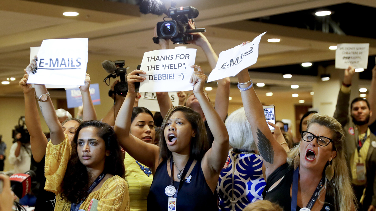 Protesters yell as DNC Chairwoman