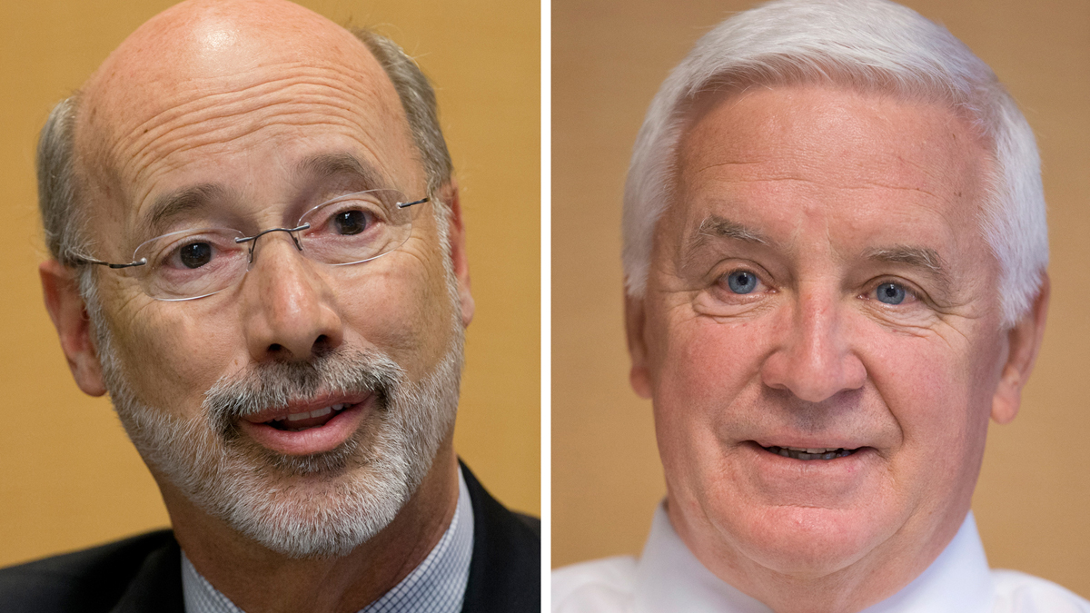  In this combination of 2014 file photos, Pennsylvania gubernatorial candidates Democrat Tom Wolf, left, and Republican Gov. Tom Corbett are shown in Philadelphia. (AP Photo/Matt Rourke, File) 