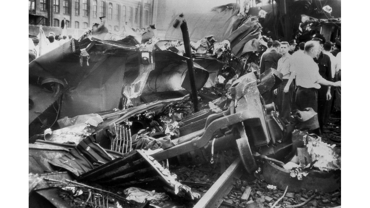 This Sept. 7, 1943, photo shows the wrecked cars of the Pennsylvania Railroad's Congressional Limited train, in Philadelphia. The Labor Day train jammed with 541 passengers derailed, killing 79 passengers and injuring 117 others.