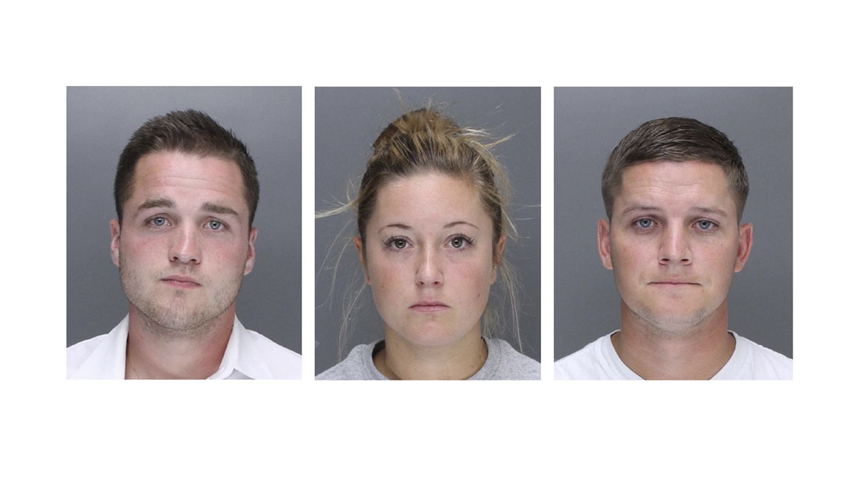 In this undated combination of images provided by the Philadelphia Police Department, Philip R. Williams, left, Kathryn G. Knott and Kevin J. Harrigan are shown. The three suburban Philadelphia defendants are being charged in the beating of a gay couple during a late-night encounter on a city street. (AP Photo/Philadelphia Police Department)