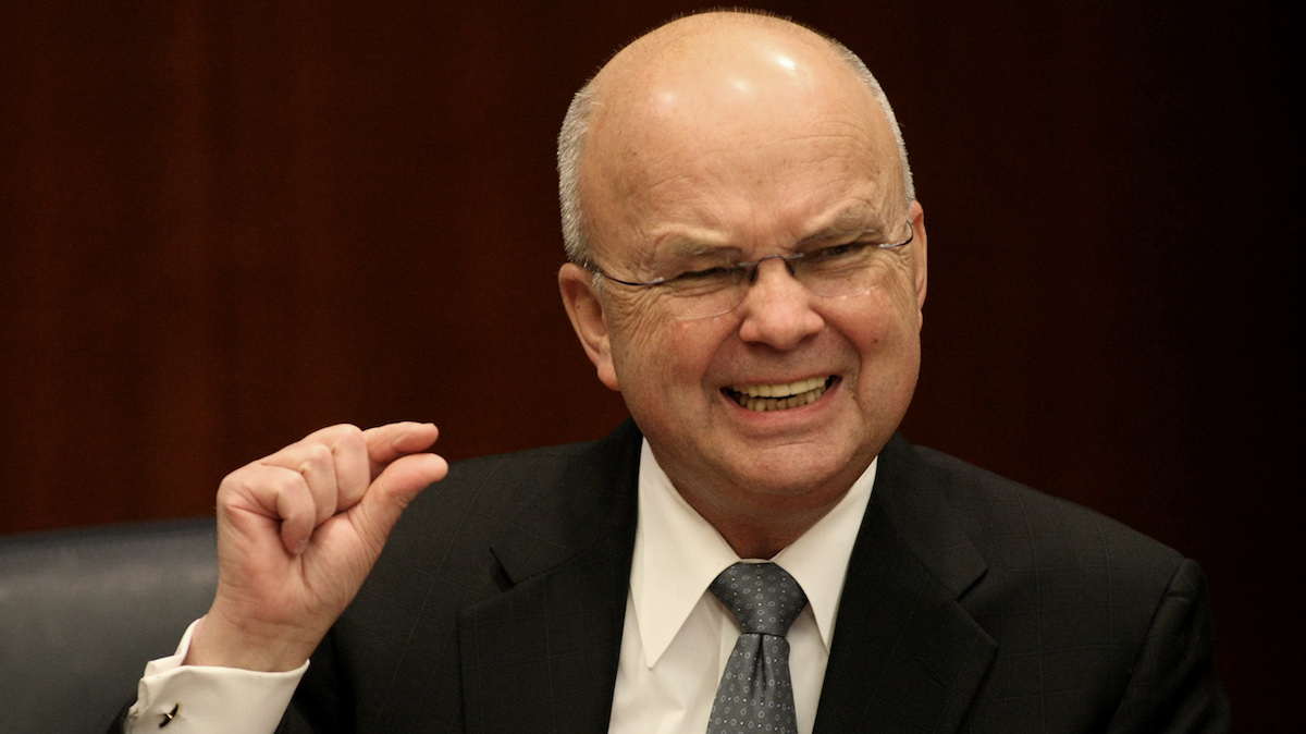 Former CIA Director Michael Hayden gestures during a news conference at CIA headquarters in Langley