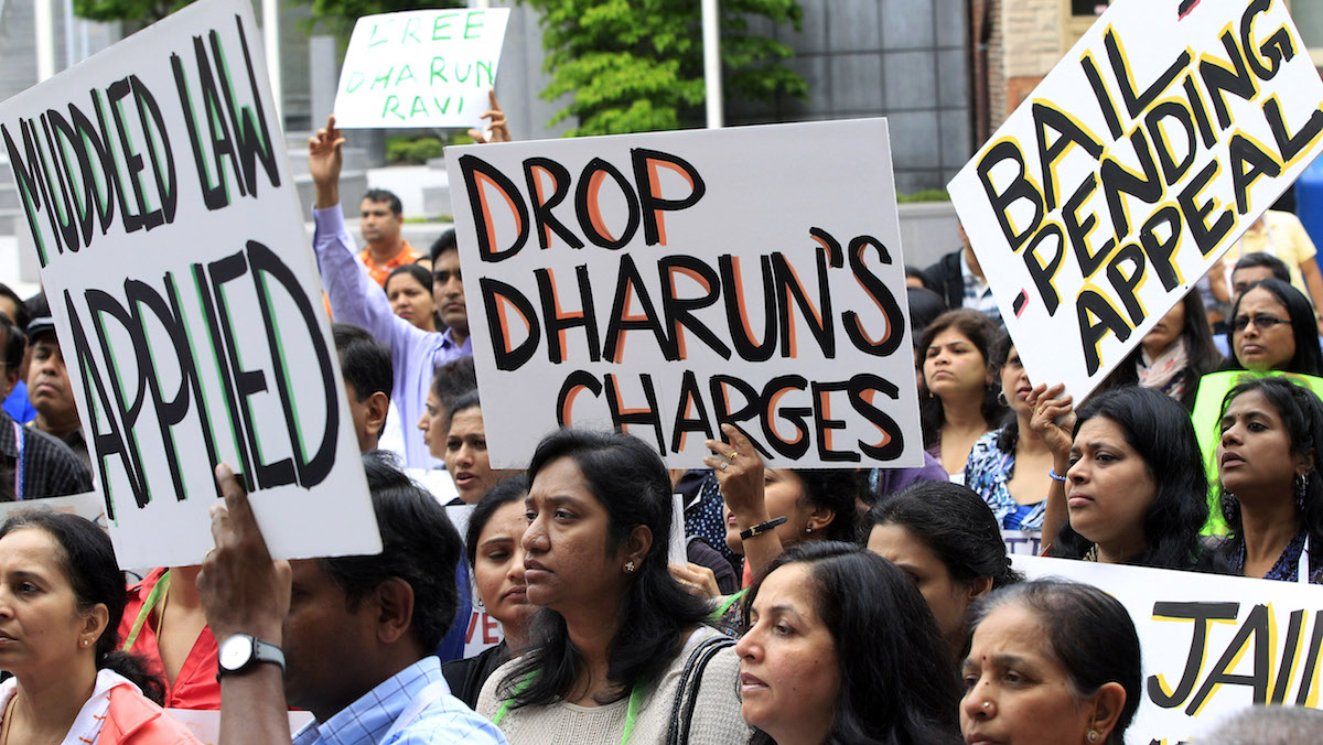 Several hundred supporters rally in front of the New Jersey Statehouse in Trenton in 2012 on behalf of Dharun Ravi