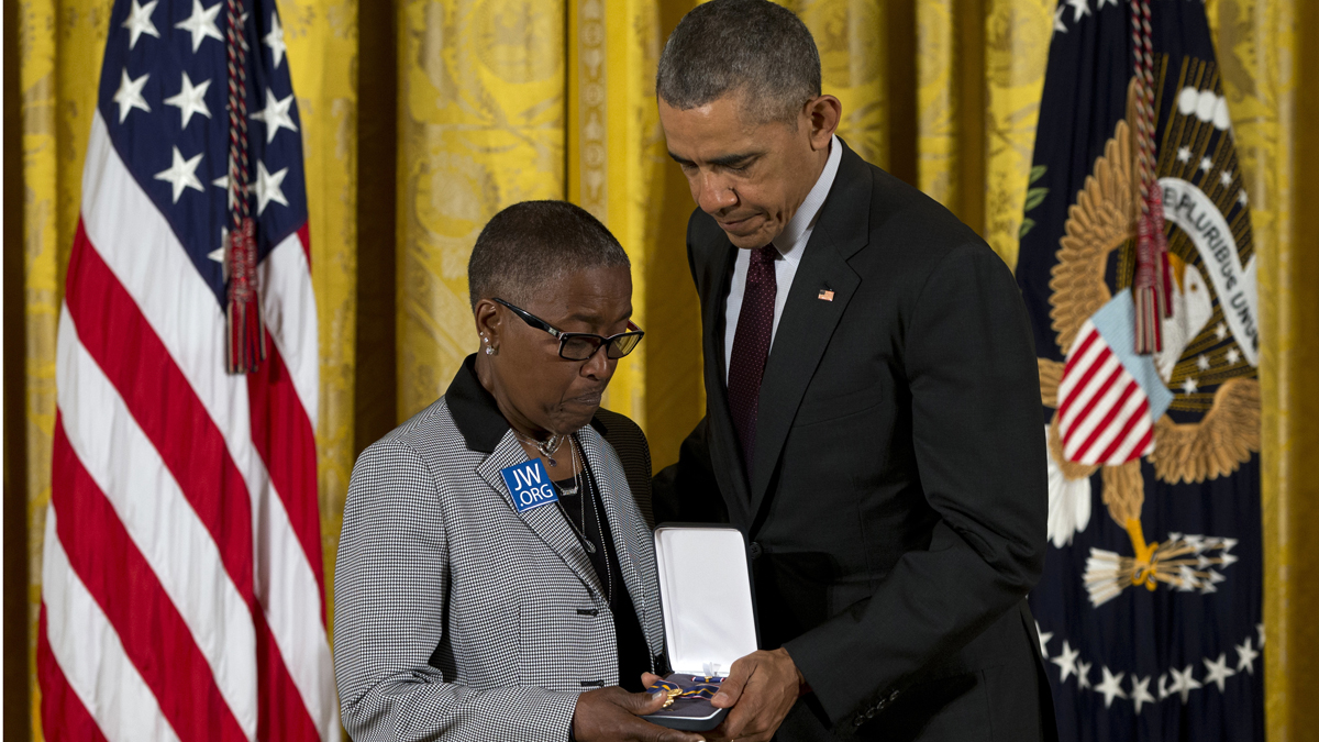 President Barack Obama presents Constance Wilson