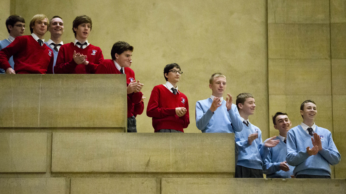 Catholic school students applaud the news in November that  Pope Francis would be in Philadelphia for the World Meeting of Families, a conference held every three years in a different city to celebrate the importance of family. (AP file photo) 