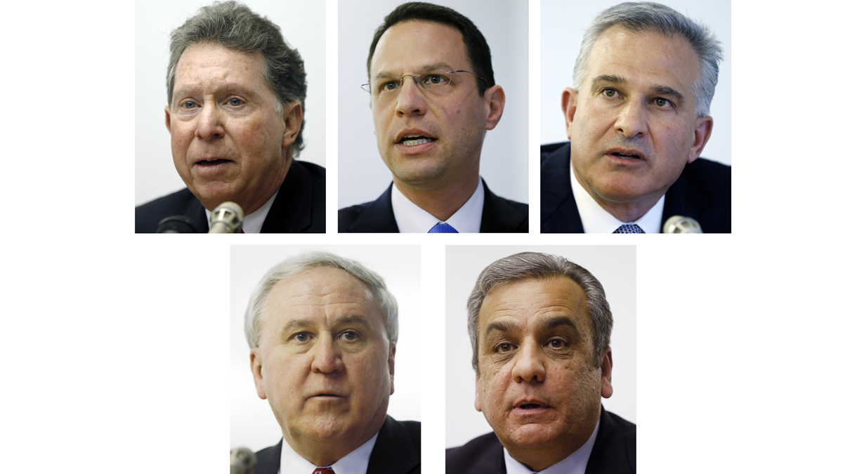 Candidates for the Pennsylvania attorney general  are (from top left): Northampton County District Attorney John Morganelli; Montgomery County Commissioner Josh Shapiro; Allegheny County District Attorney Stephen Zappala; state Sen. John Rafferty