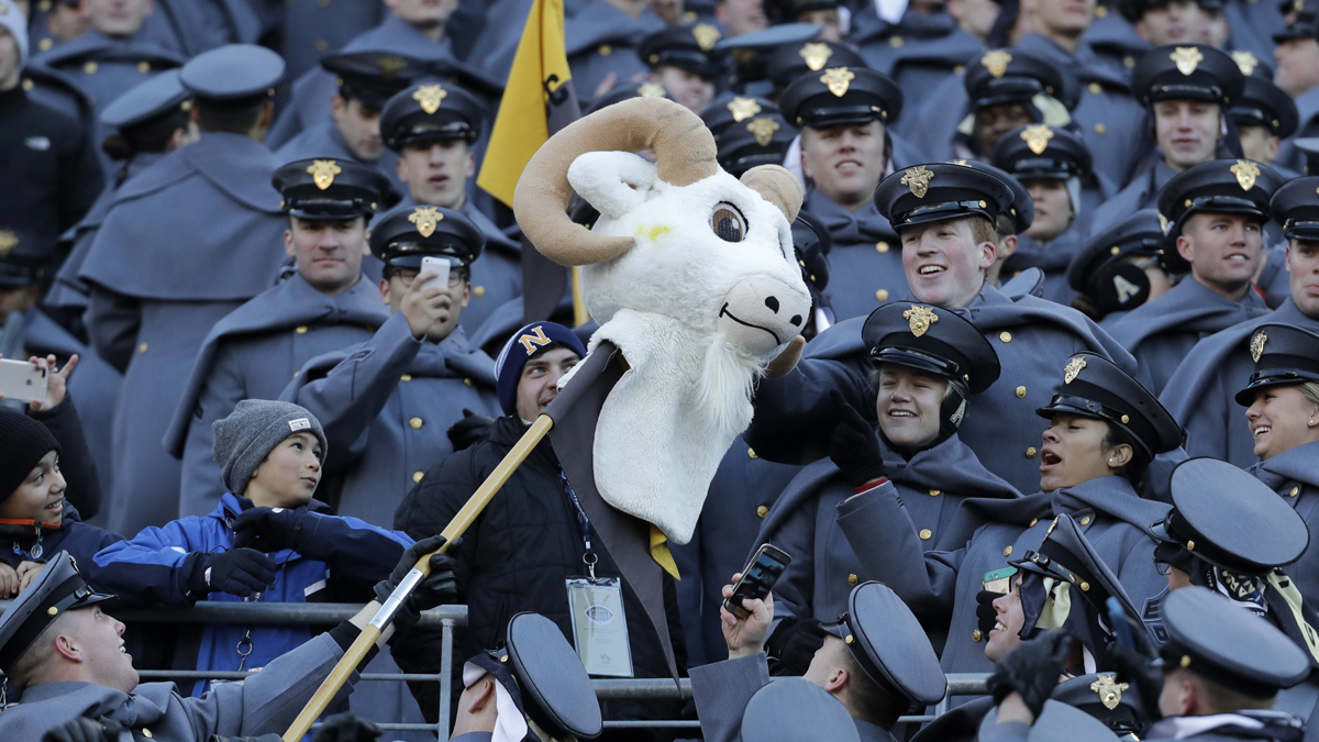 Army Cadets display a the head of a commandeered Navy mascot head before the Army-Navy NCAA college football game in Baltimore