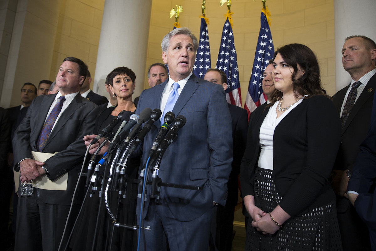  House Majority Leader Kevin McCarthy (R-Calif.) speaks during a new conference on Capitol Hill Thursday, after bowing out of the race to be House Speaker. (AP Photo/Evan Vucci) 
