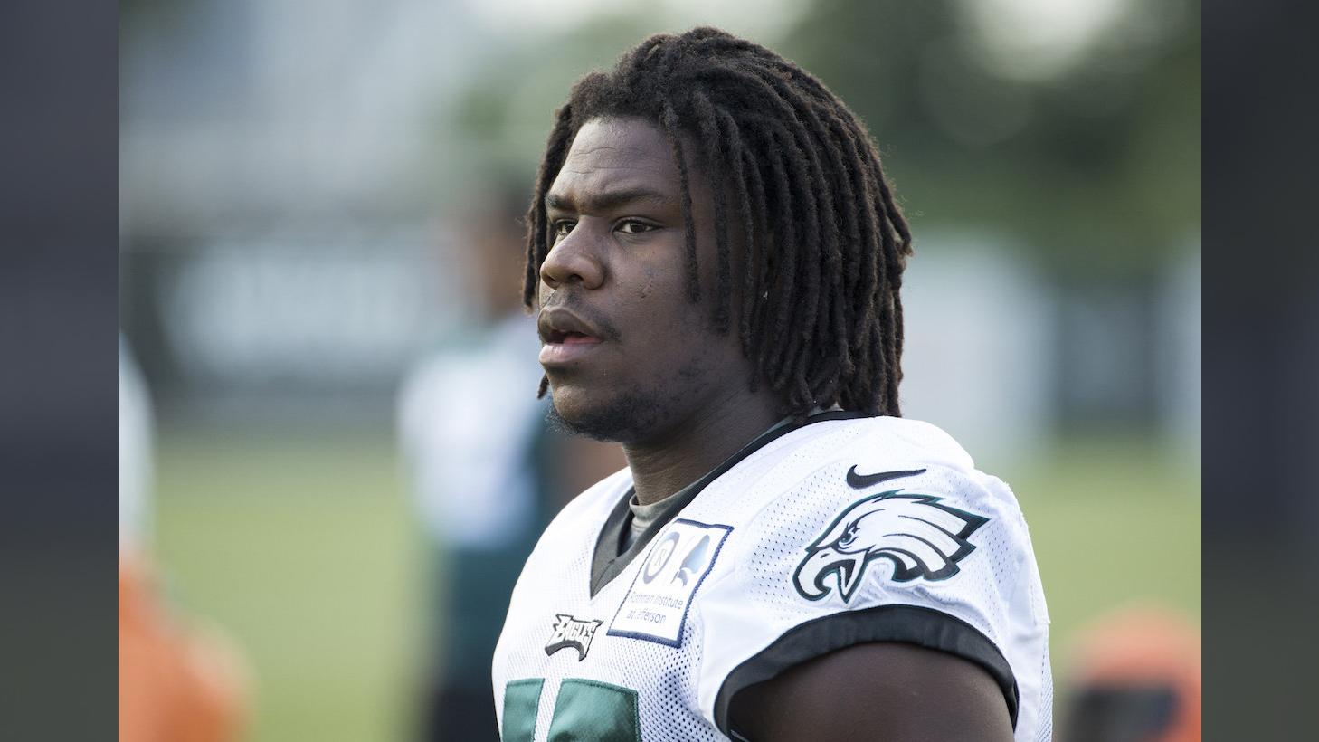 Philadelphia Eagles linebacker Myke Tavarres looks on during practice at NFL football training camp last month in Philadelphia. (AP Photo/Chris Szagola)