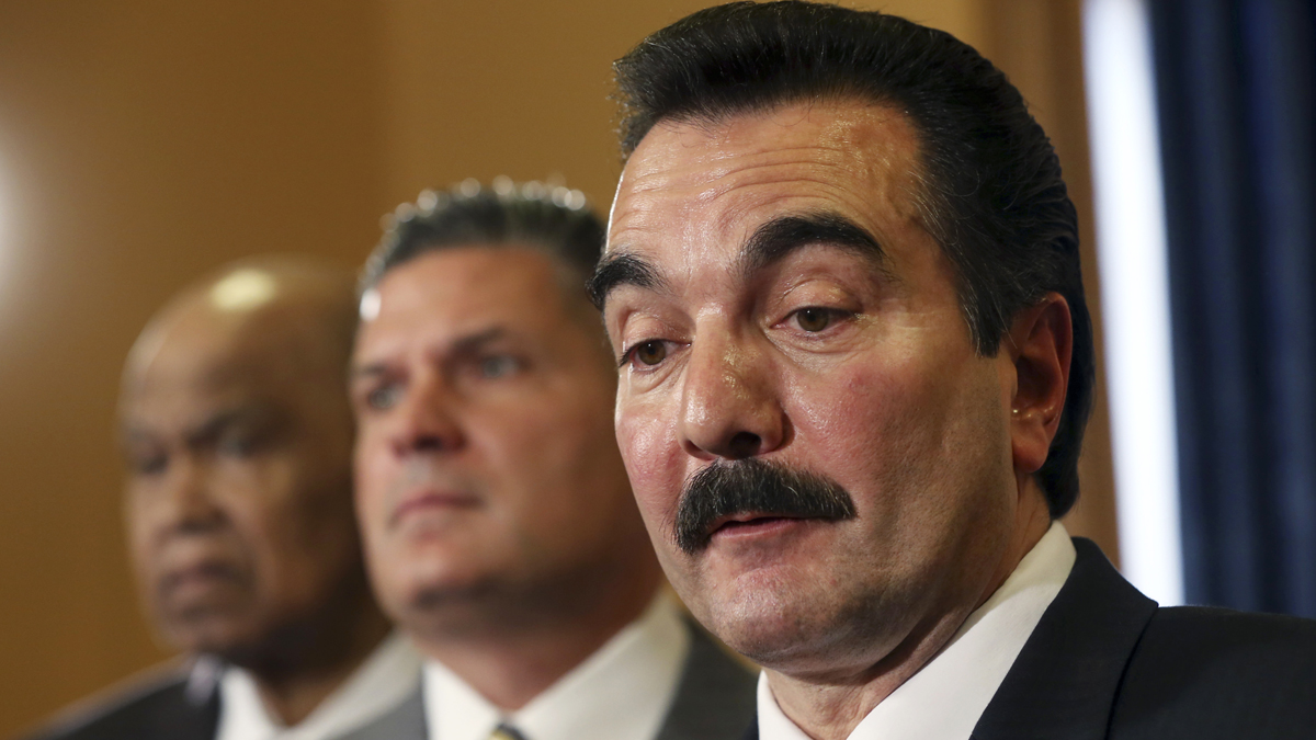  New Jersey Assembly Speaker Vinnie Prieto, right, says the gas tax must be raised to replenish the fund that pays for road and bridge repairs and maintenance. (AP photo/Mel Evans) 