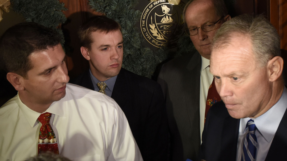  Pennsylvania House Majority Leader Dave Reed, R-Indiana, left, and Speaker of the House Mike Turazi, R-Allegheny, right, speak with the news media in the state Capitol regarding the budget negotiations in December. A suit filed Friday claims it's illegal and unconstitutional to cut off commonwealth schools from their funding when there's no final budget, especially when other programs and state employees -- including Reed and Turzai --  continue to be paid. (AP Photo/Bradley C Bower) 