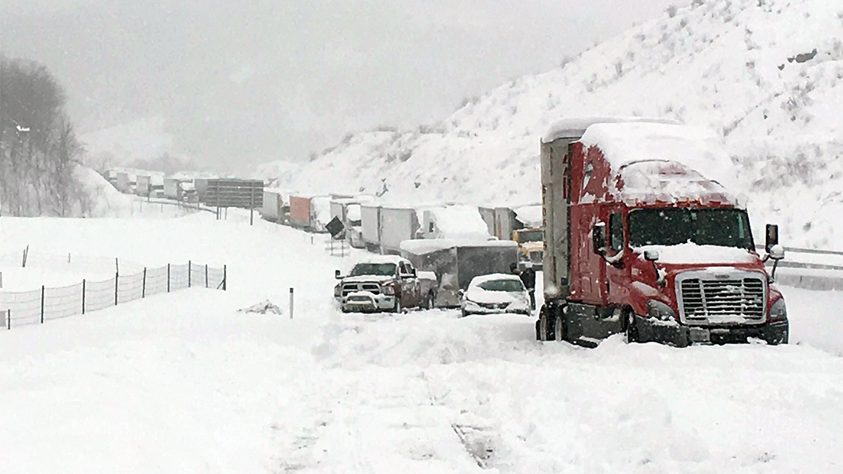  Traffic was at a standstill on the Pennsylvania Turnpike near Bedford, Pennsylvania, on Saturday. (AP Photo/Michael Watkins via AP) 