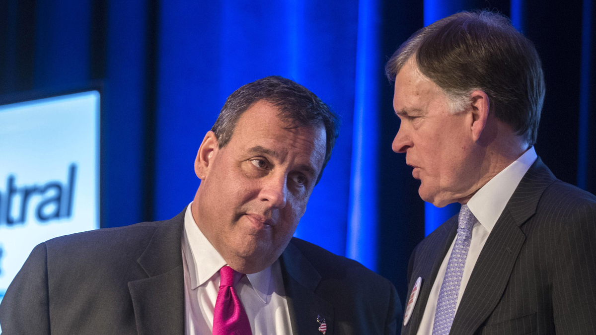  Tom Bracken, president of the New Jersey Chamber of Commerce,chats with Gov. Chris Christie last year. Bracken says a survey has found that employers in the Garden State are not worried about the Affordable Care Act any longer. (AP file photo)   