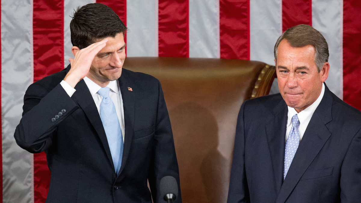  House Speaker John Boehner stands with his successor Rep. Paul Ryan, R-Wisconsin, left, in the House Chamber on Capitol Hill in Washington Thursday. Republicans rallied behind Ryan to elect him the House's 54th speaker on Thursday as a splintered GOP turned to the youthful but battle-tested lawmaker to mend its self-inflicted wounds and craft a conservative message to woo voters in next year's elections. (AP photo/Andrew Harnik) 