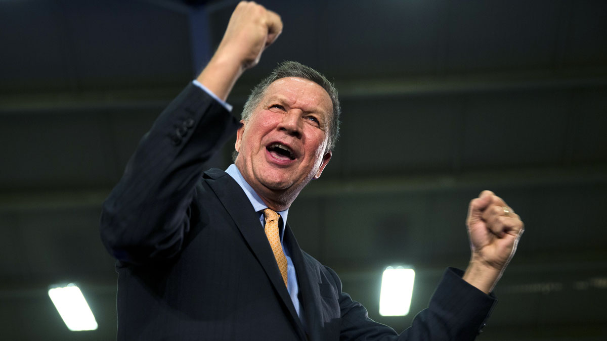  Ohio Gov. John Kasich speaks to supporters at Darke County GOP headquarters, Monday, Oct. 13, 2014, in Greenville, Ohio. Polls suggest he has a big lead over his Democratic challenger, county executive Ed Fitzgerald. Kasich's strength and his position as the top elected official in one of the nation's most important swing states, is fueling renewed speculation that he may join the crowded 2016 Republican presidential field. He's not ruling anything out. (Al Behrman/AP Photo) 