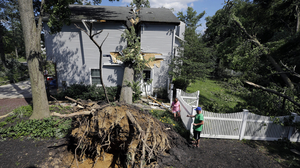 A downed tree that fell on a house
