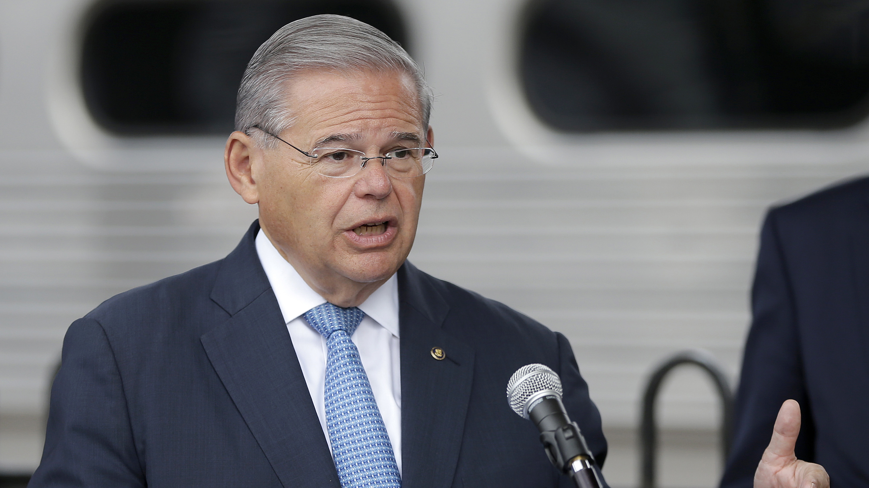 U.S. Sen. Bob Menendez speaks during a news conference talking about Superstorm Sandy relief fund