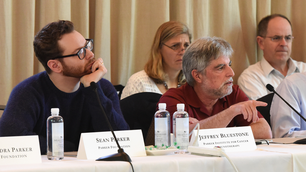 Sean Parker (left) and Jeffery Bluestone attend the Parker Institute for Cancer Immunotherapy Scientific Retreat in St. Helena