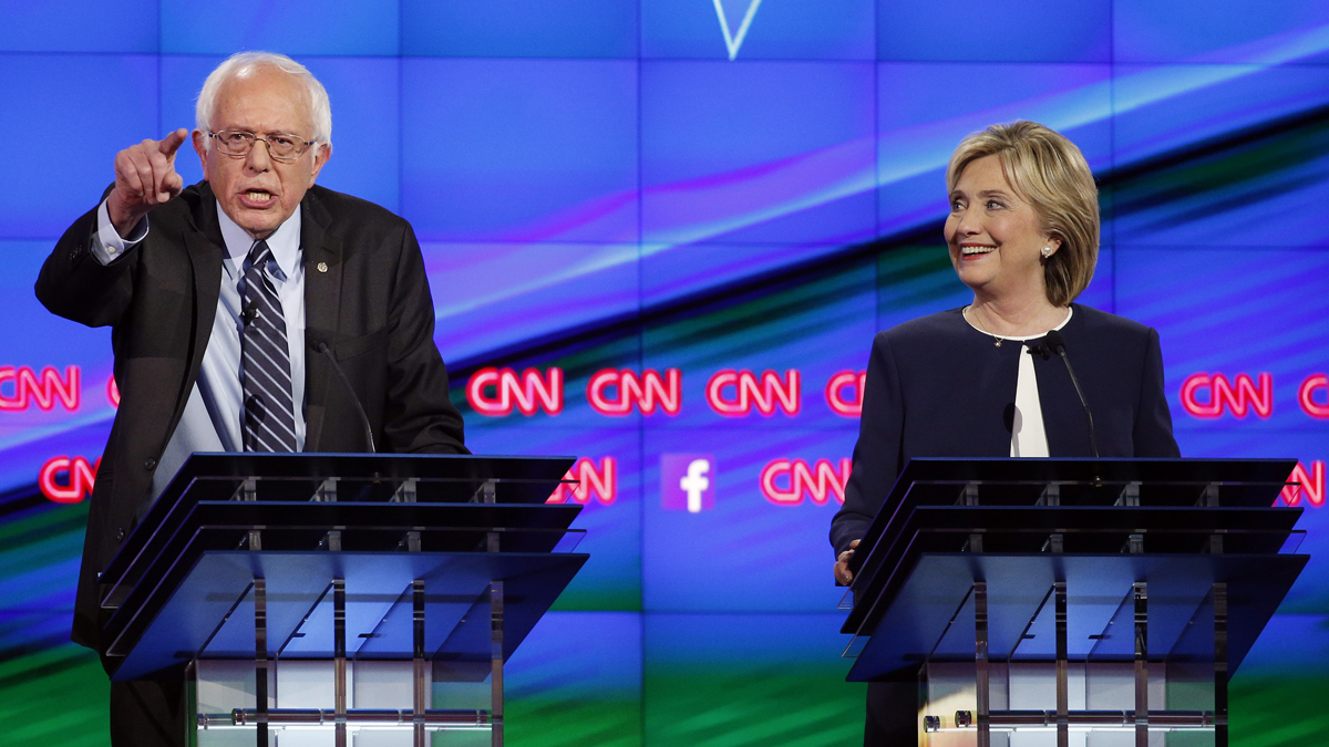  Sen. Bernie Sanders, of Vermont, (left), speaks as Hillary Rodham Clinton looks on during the CNN Democratic presidential debate Tuesday, Oct. 13, 2015, in Las Vegas. (John Locher/AP Photo) 