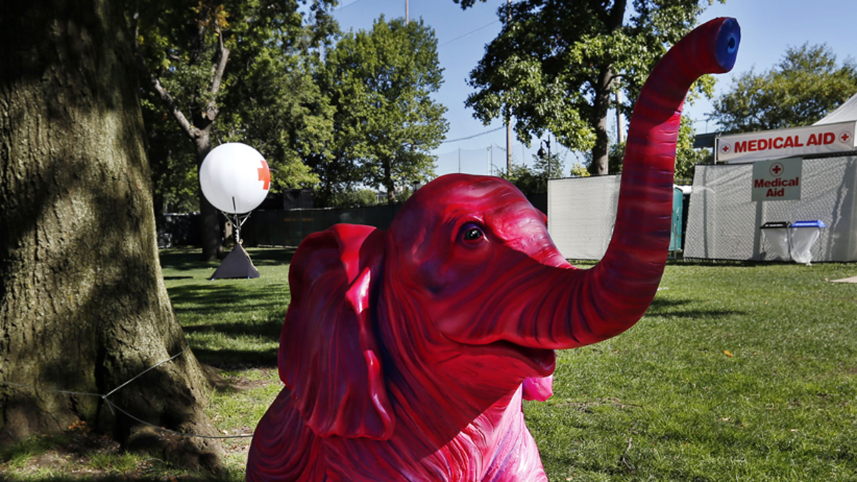  A pink elephant sculpture sits adjacent to a medical tent at the Electric Zoo music festival venue on New York's Randall's Island, Friday, Aug. 29, 2014. The final day of last year's festival was called off after two people died from an overdose of MDMA combined with hyperthermia. (Jason DeCrow/AP Photo) 
