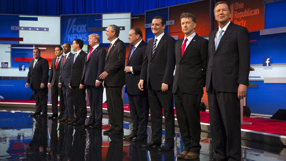  Republican presidential candidates from left, Chris Christie, Marco Rubio, Ben Carson, Scott Walker, Donald Trump, Jeb Bush, Mike Huckabee, Ted Cruz, Rand Paul, and John Kasich take the stage for the first Republican presidential debate at the Quicken Loans Arena Thursday, Aug. 6, 2015, in Cleveland. (John Minchillo/AP Photo) 