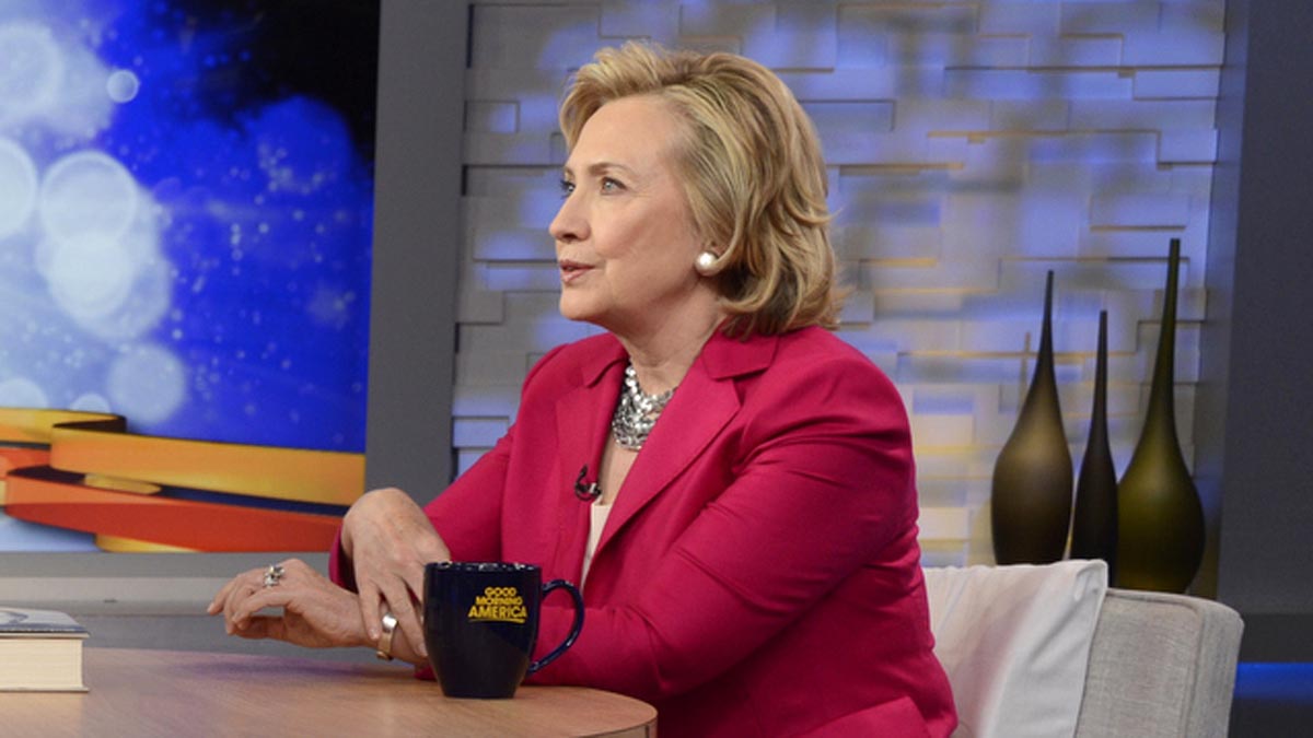  In this photo provided by the American Broadcasting Companies, Inc., former Secretary of State Hillary Rodham Clinton, discusses her new memoir, 'Hard Choices,' live on 'Good Morning America' (Ida Mae Astute, ABC/AP Photo) 